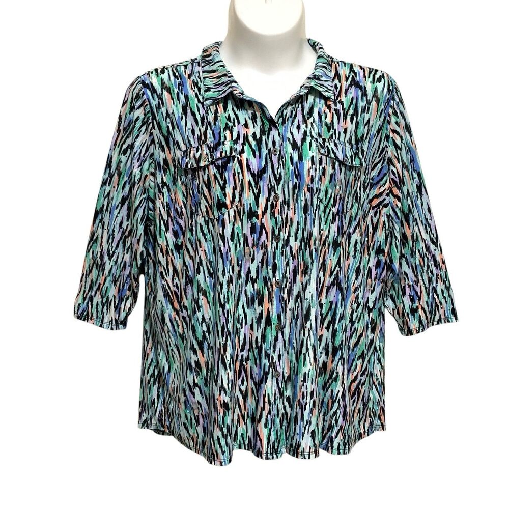 Emily Daniels Blouse Womens Size 3X Multicolor 3/4  Roll Tab Sleeves Sequins Emb